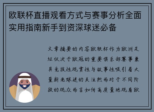 欧联杯直播观看方式与赛事分析全面实用指南新手到资深球迷必备 欧联杯直播观看方式与赛事分析全面实用指南新手到资深球迷必备
